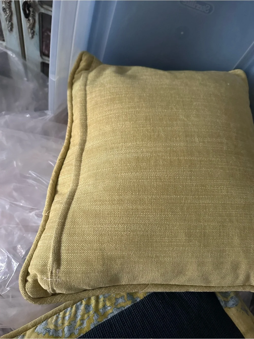 Floral Needlepoint Throw Pillow in Navy and Yellow Trim